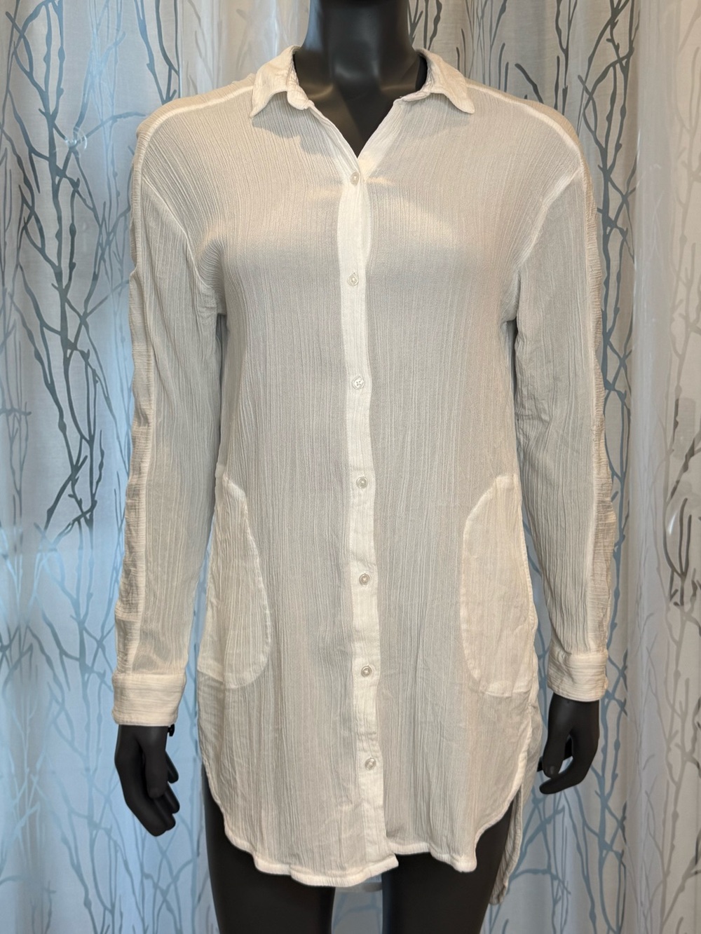prAna Scheena White Crinkle Gauze Longline Button Down Tunic Top Size L
